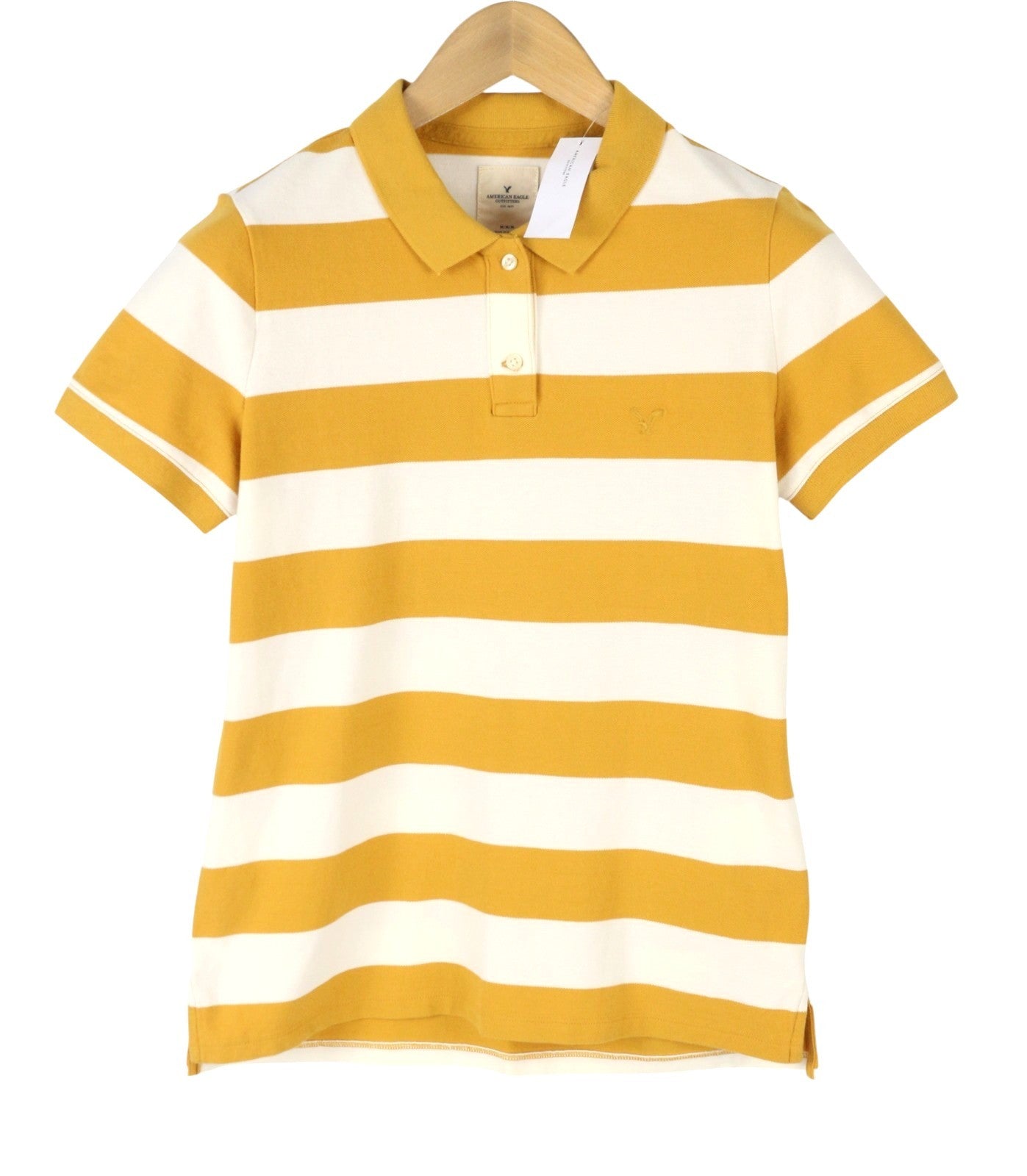AMERICAN EAGLE OUTFITTERS Women T-Shirt M Mustard Striped Polo Short Sleeve