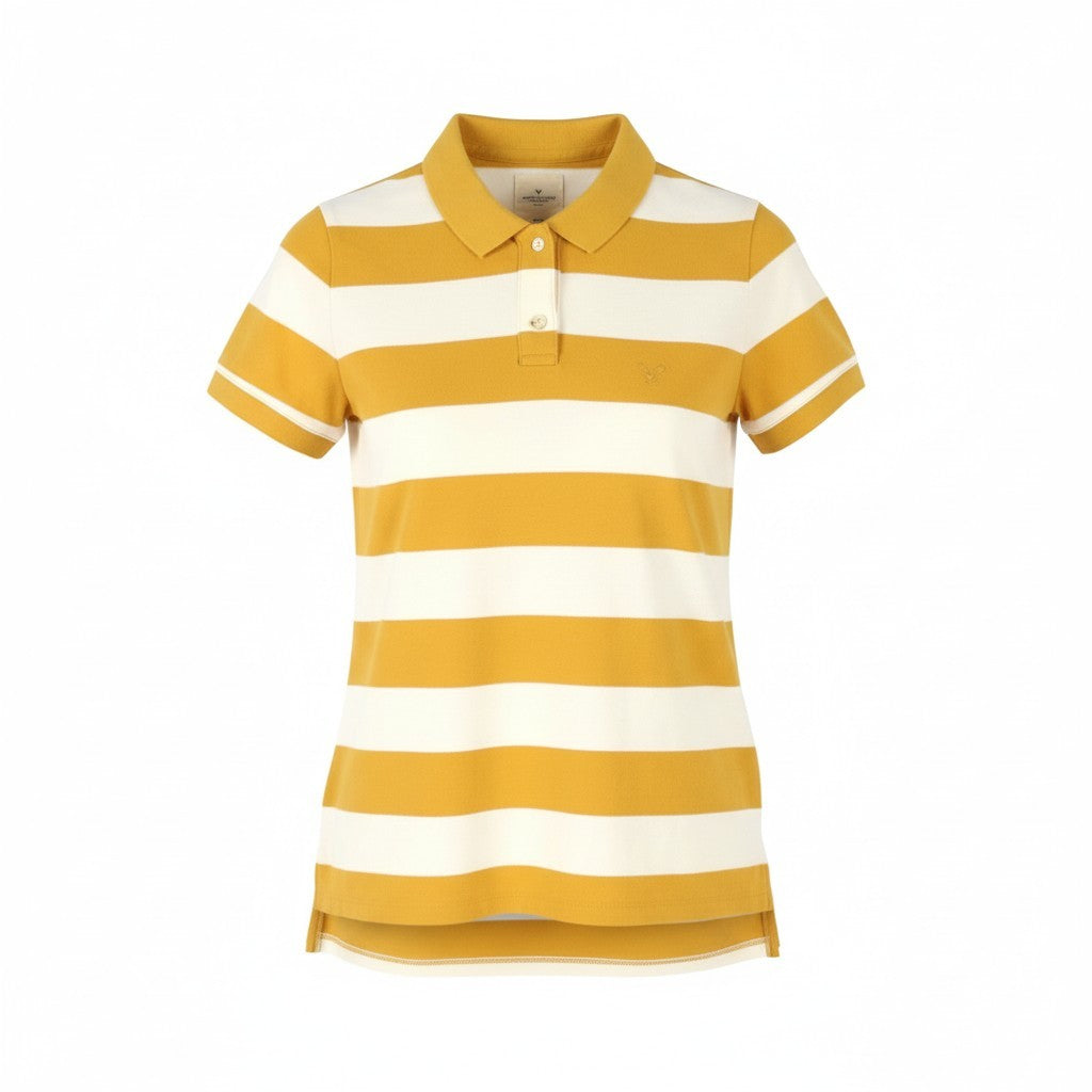 AMERICAN EAGLE OUTFITTERS Women T-Shirt S Mustard Striped Polo Short Sleeved