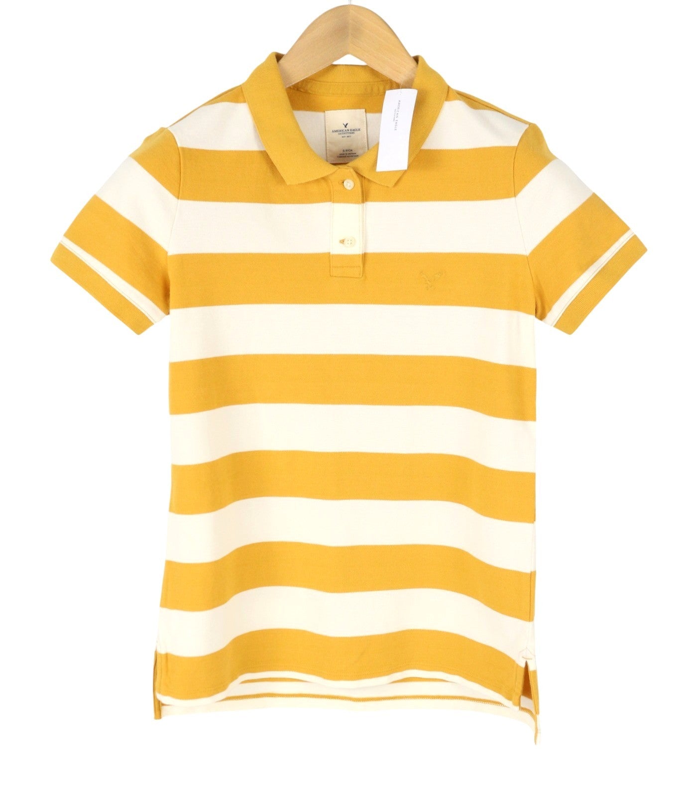 AMERICAN EAGLE OUTFITTERS Women T-Shirt S Mustard Striped Polo Short Sleeved
