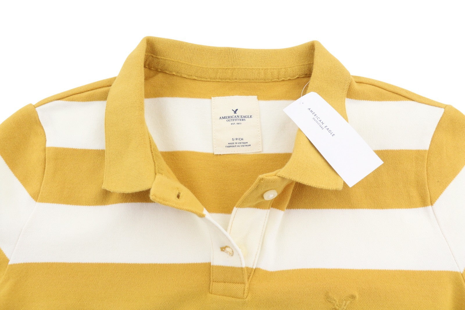 AMERICAN EAGLE OUTFITTERS Women T-Shirt S Mustard Striped Polo Short Sleeved