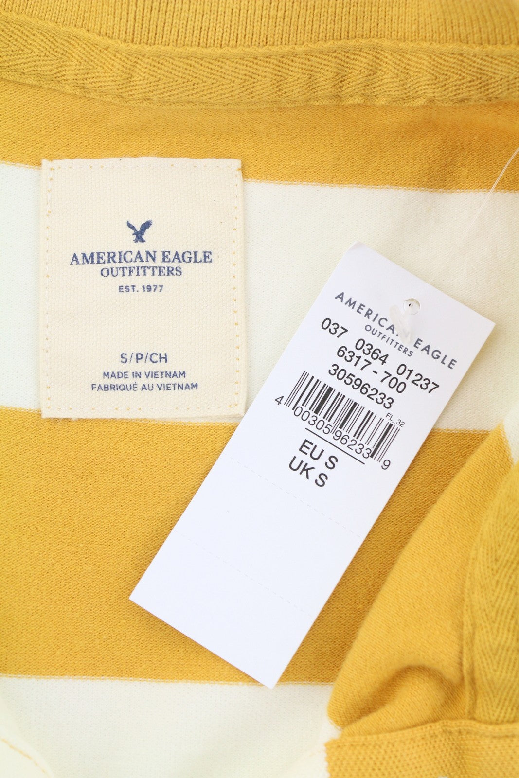 AMERICAN EAGLE OUTFITTERS Women T-Shirt S Mustard Striped Polo Short Sleeved