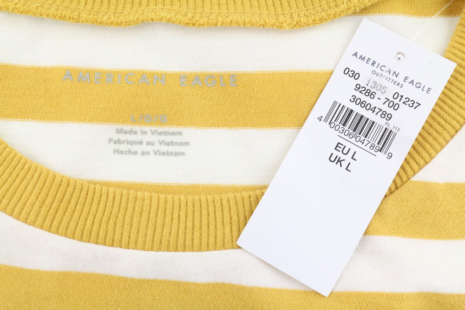 AMERICAN EAGLE OUTFITTERS Women T-Shirt L Mustard Striped Cotton Short Sleeve