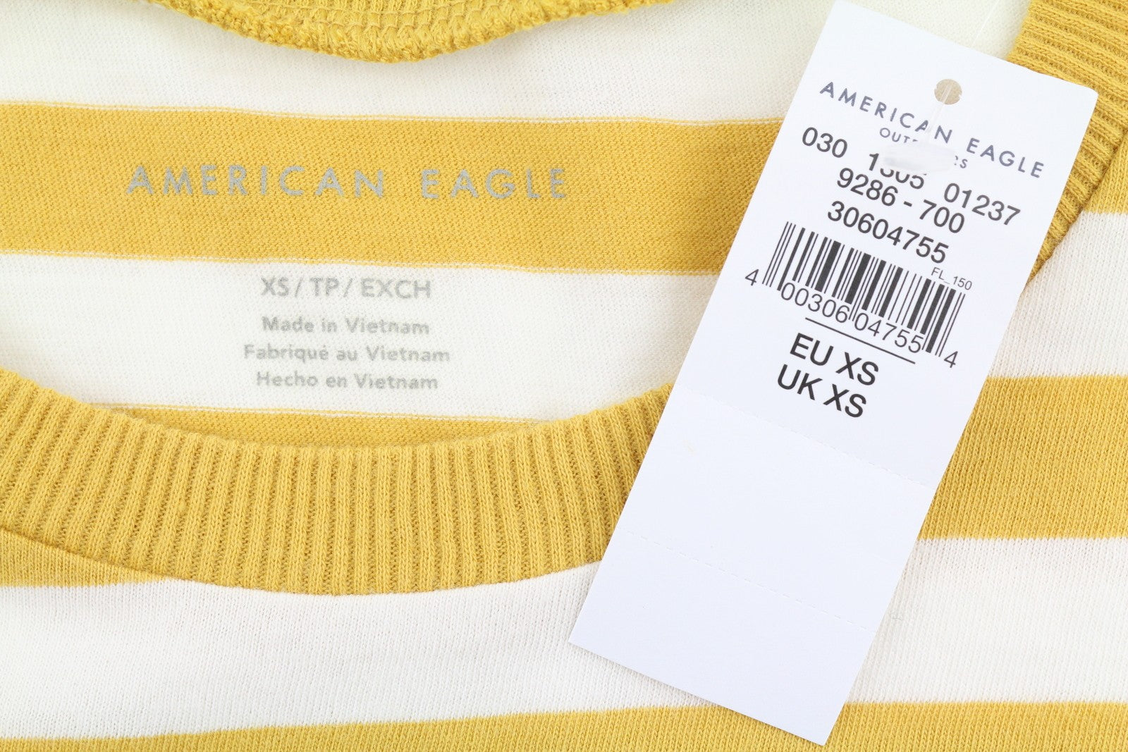 AMERICAN EAGLE OUTFITTERS Women T-Shirt XS Mustard Striped Cotton Short Sleeve