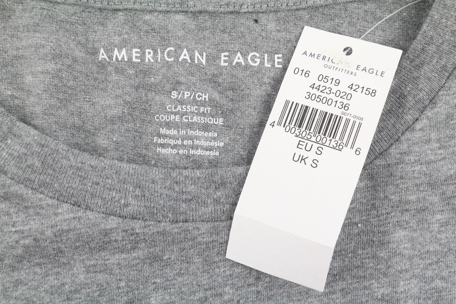 AMERICAN EAGLE OUTFITTERS Men T-Shirt S Grey Melange Classic Fit Short Sleeved