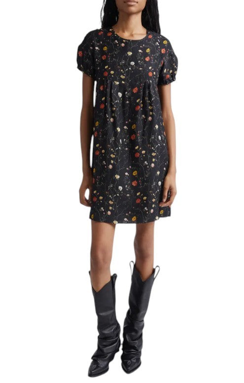 R13 Raglan Sleeve Babydoll Women Dress M Floral On Black Wool Silk Blend RRP1299
