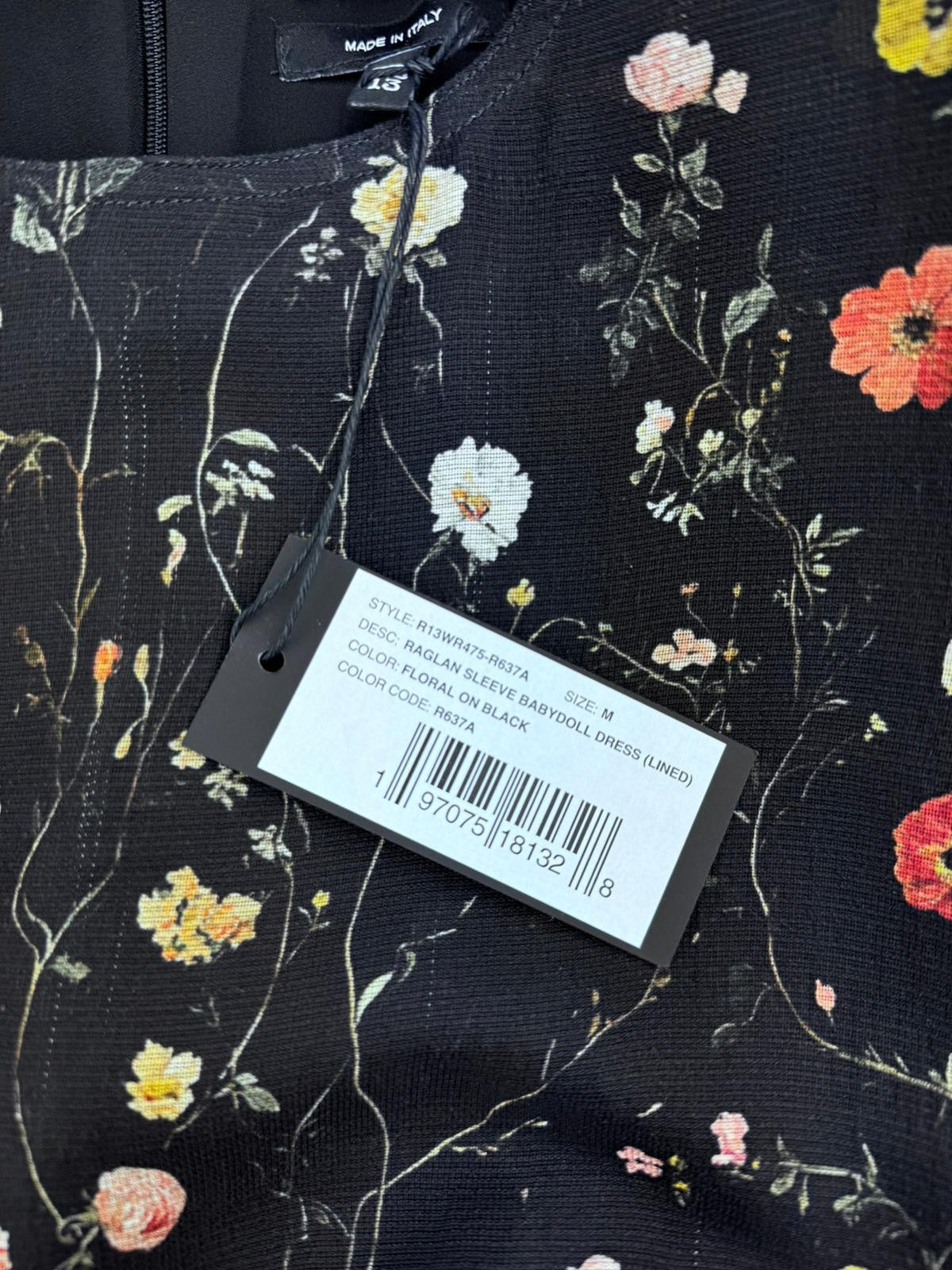 R13 Raglan Sleeve Babydoll Women Dress M Floral On Black Wool Silk Blend RRP1299