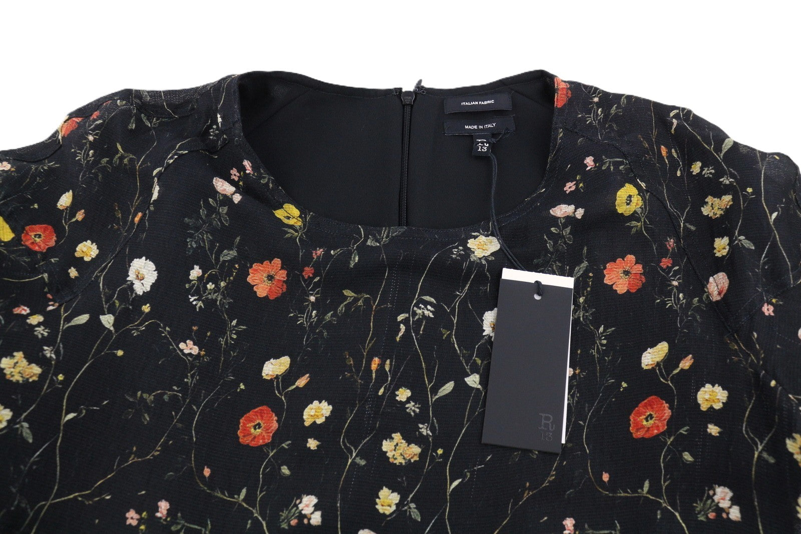 R13 Raglan Sleeve Babydoll Women Dress M Floral On Black Wool Silk Blend RRP1299