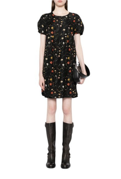 R13 Raglan Sleeve Babydoll Women Dress L Floral On Black Wool Silk Blend RRP1299