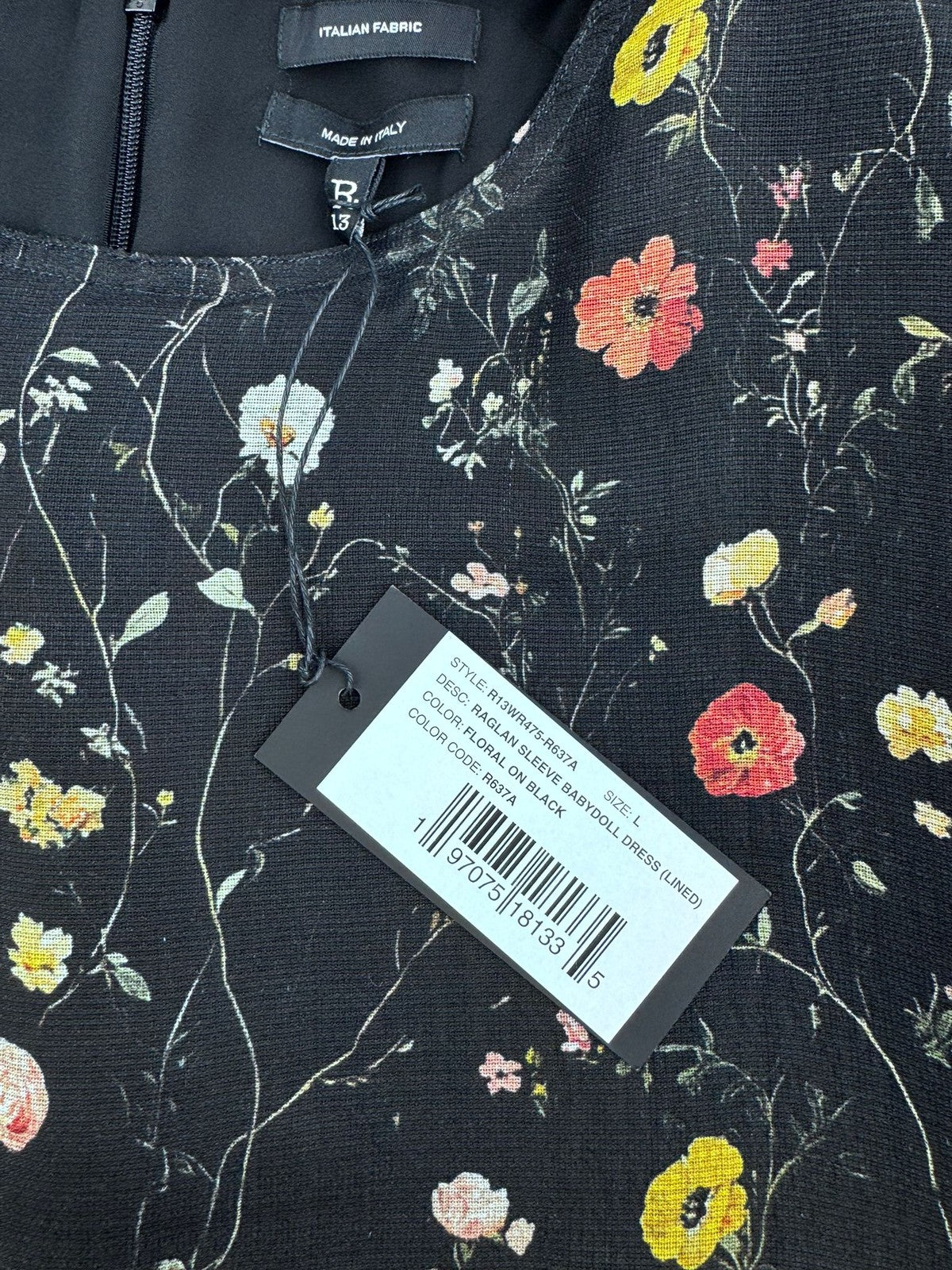 R13 Raglan Sleeve Babydoll Women Dress L Floral On Black Wool Silk Blend RRP1299