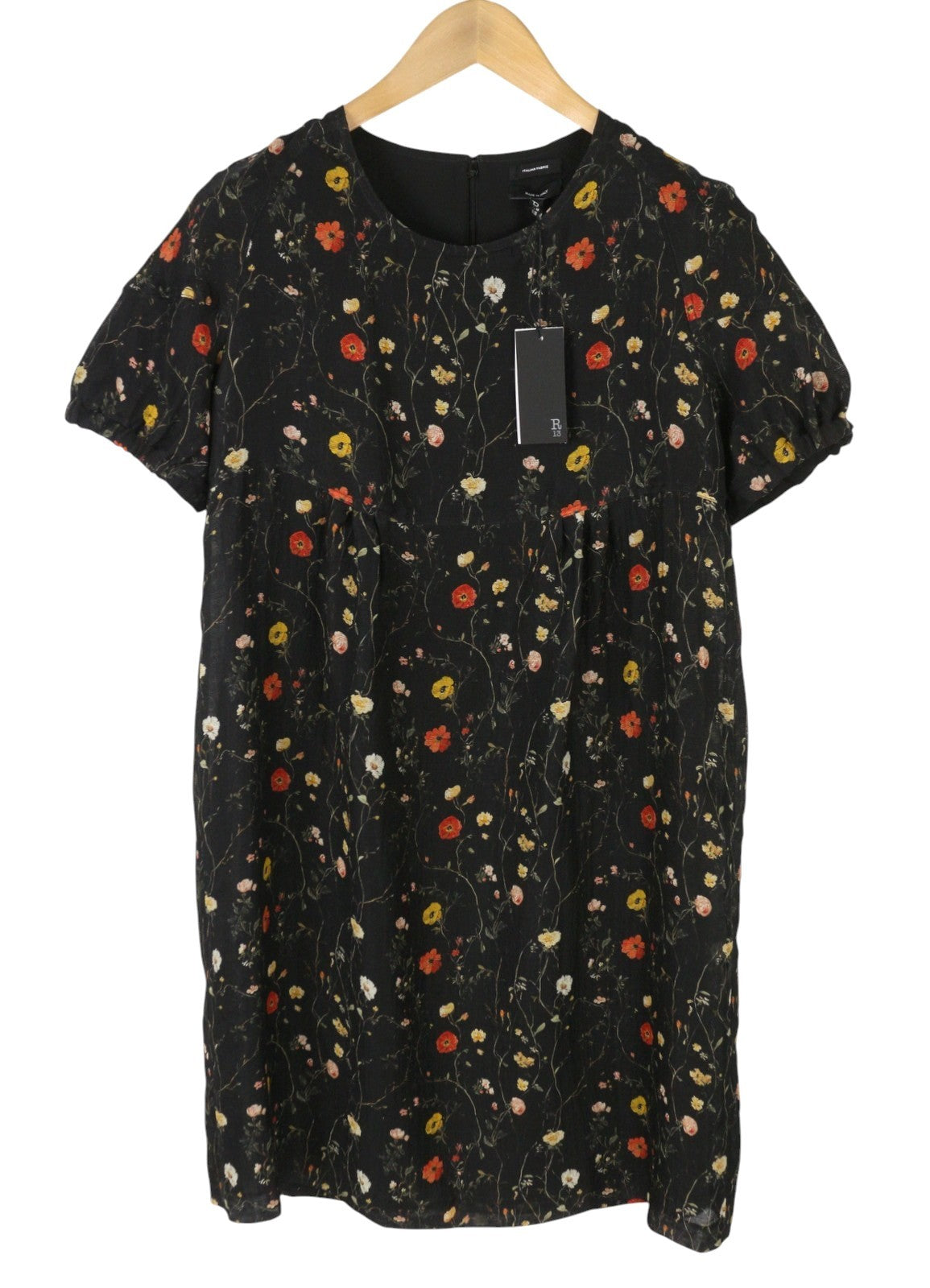 R13 Raglan Sleeve Babydoll Women Dress L Floral On Black Wool Silk Blend RRP1299