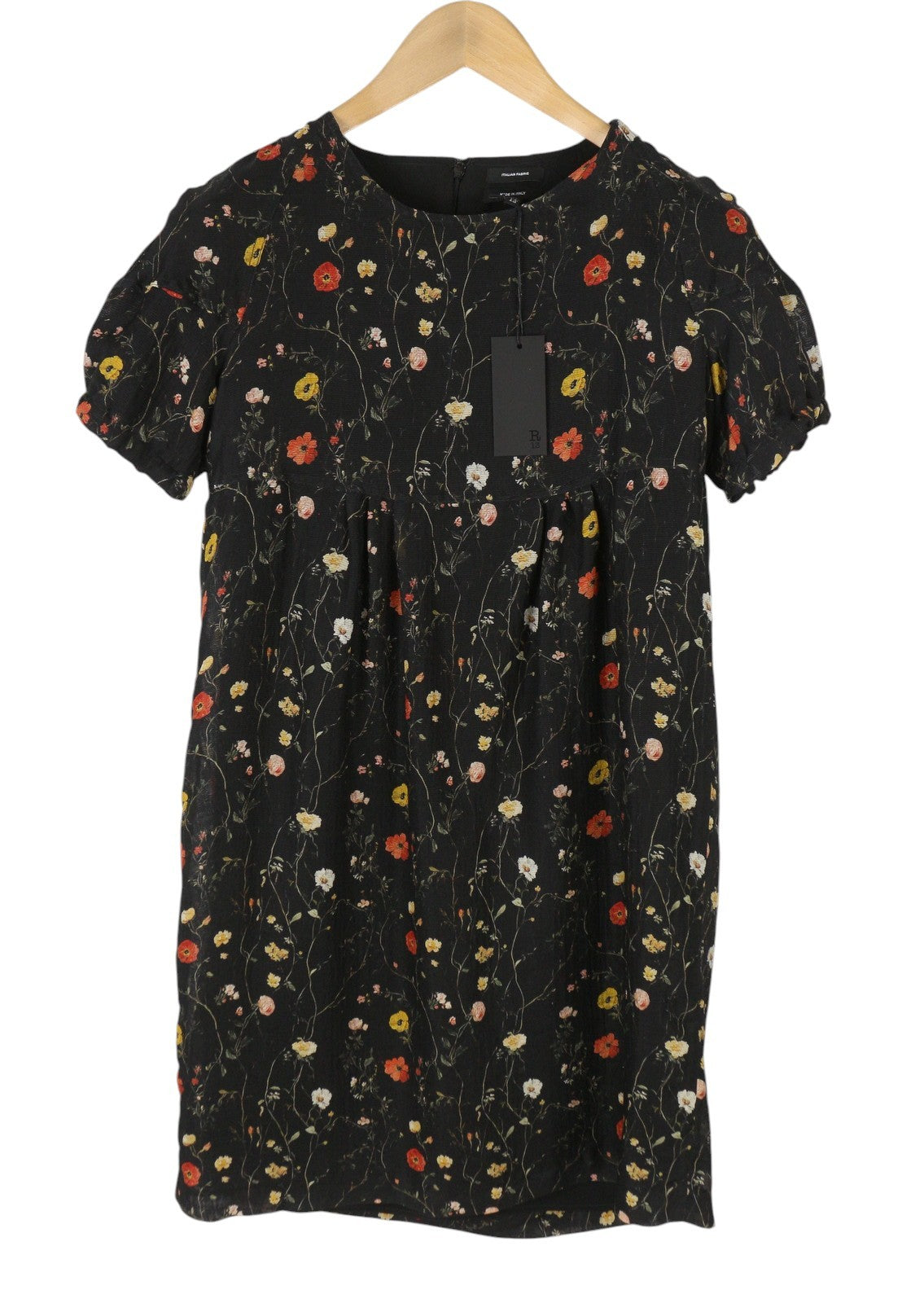 R13 Raglan Sleeve Babydoll Women Dress S Floral On Black Wool Silk Blend RRP1299