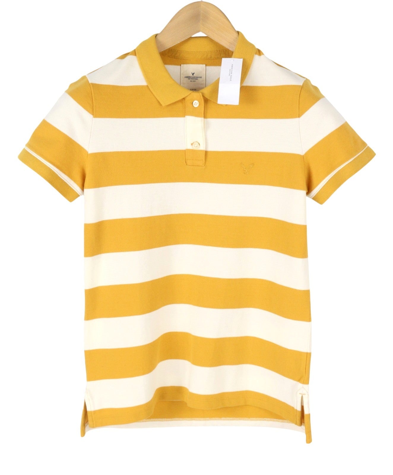 AMERICAN EAGLE OUTFITTERS Women T-Shirt S Mustard Striped Polo Short Sleeve