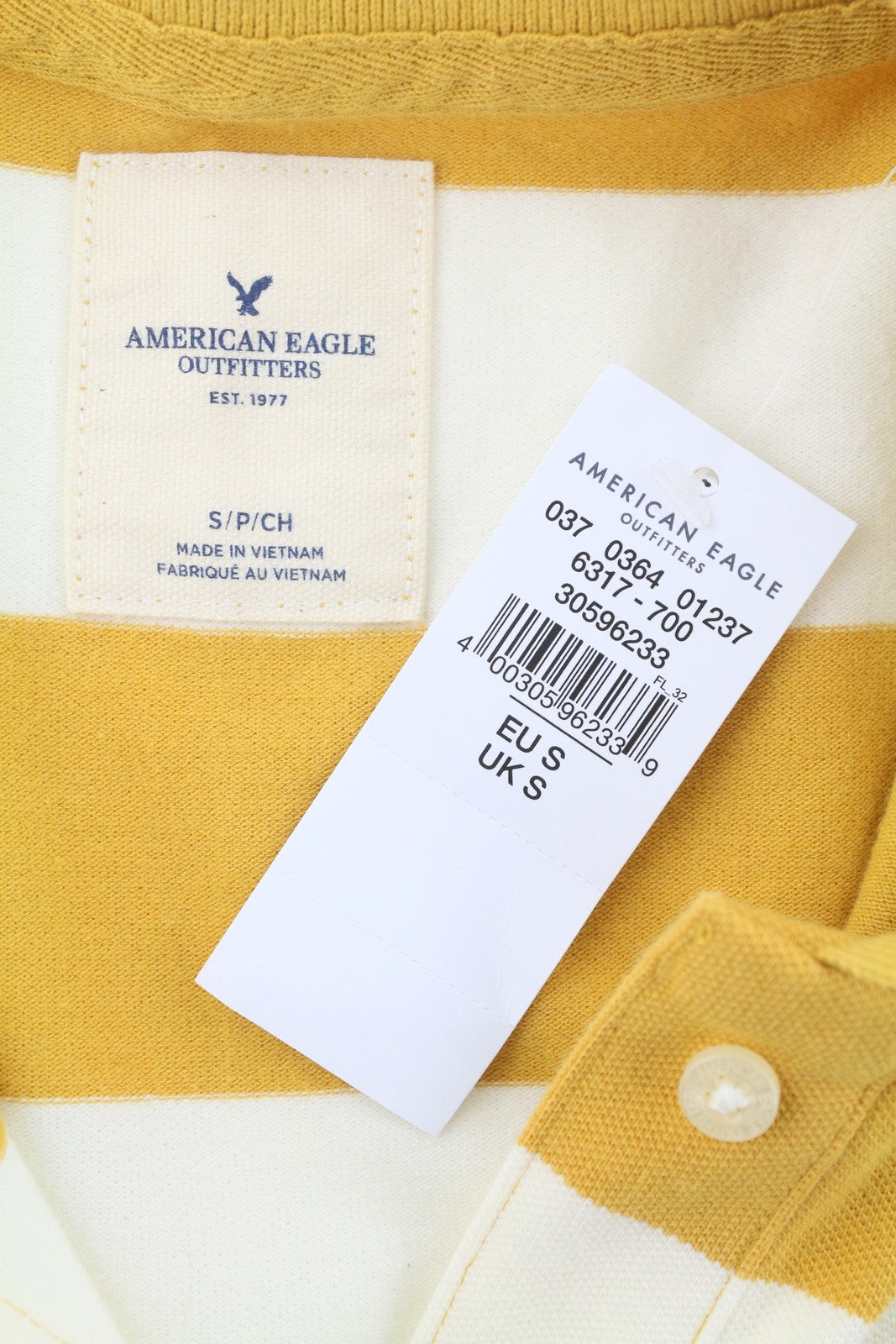 AMERICAN EAGLE OUTFITTERS Women T-Shirt S Mustard Striped Polo Short Sleeve