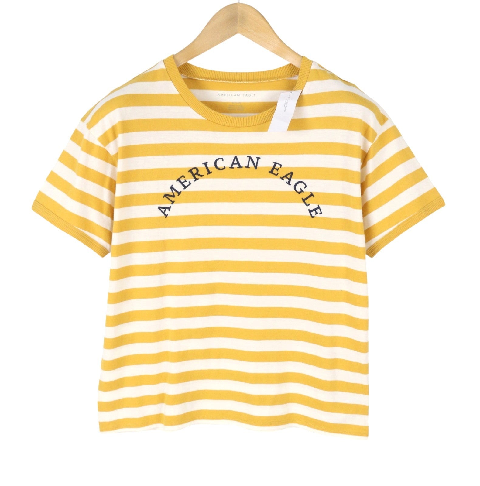 AMERICAN EAGLE OUTFITTERS Women T-Shirt S Mustard Striped Cotton Short Sleeve