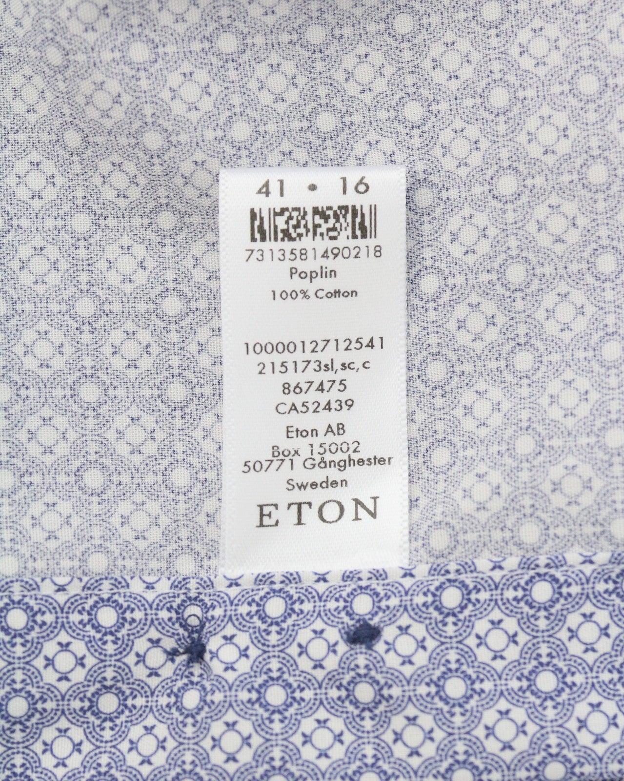 ETON Poplin Slim Men Formal Shirt 41 / 16 Blue Patterned Cutaway Collar Button