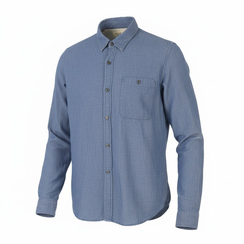 NUDIE JEANS Men Shirt L Blue Denim Look Spread Neck Patch Pockets Button-Up