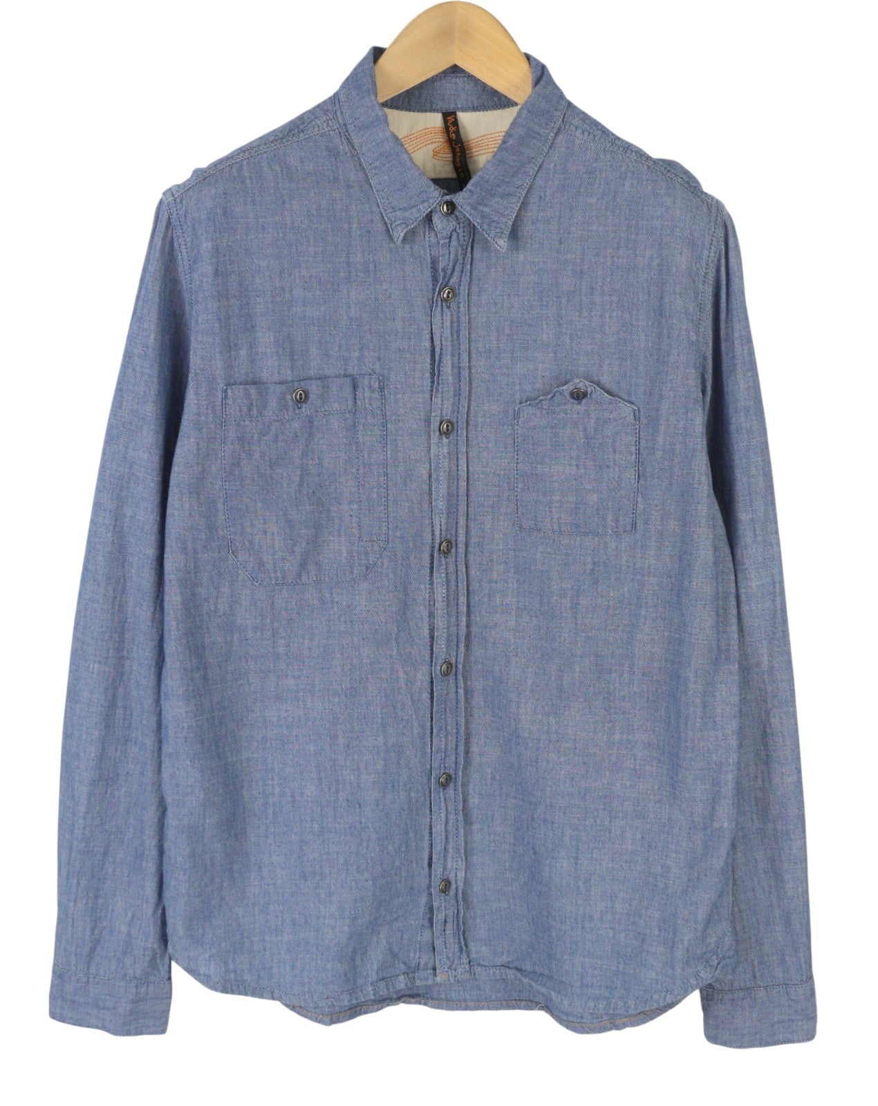 NUDIE JEANS Men Shirt L Blue Denim Look Spread Neck Patch Pockets Button-Up