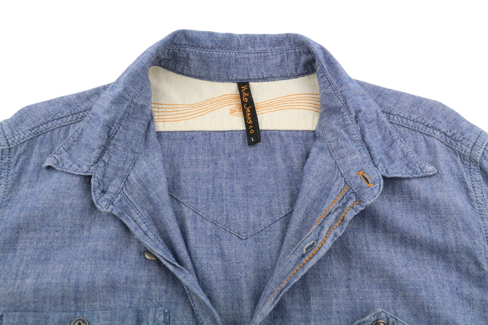 NUDIE JEANS Men Shirt L Blue Denim Look Spread Neck Patch Pockets Button-Up