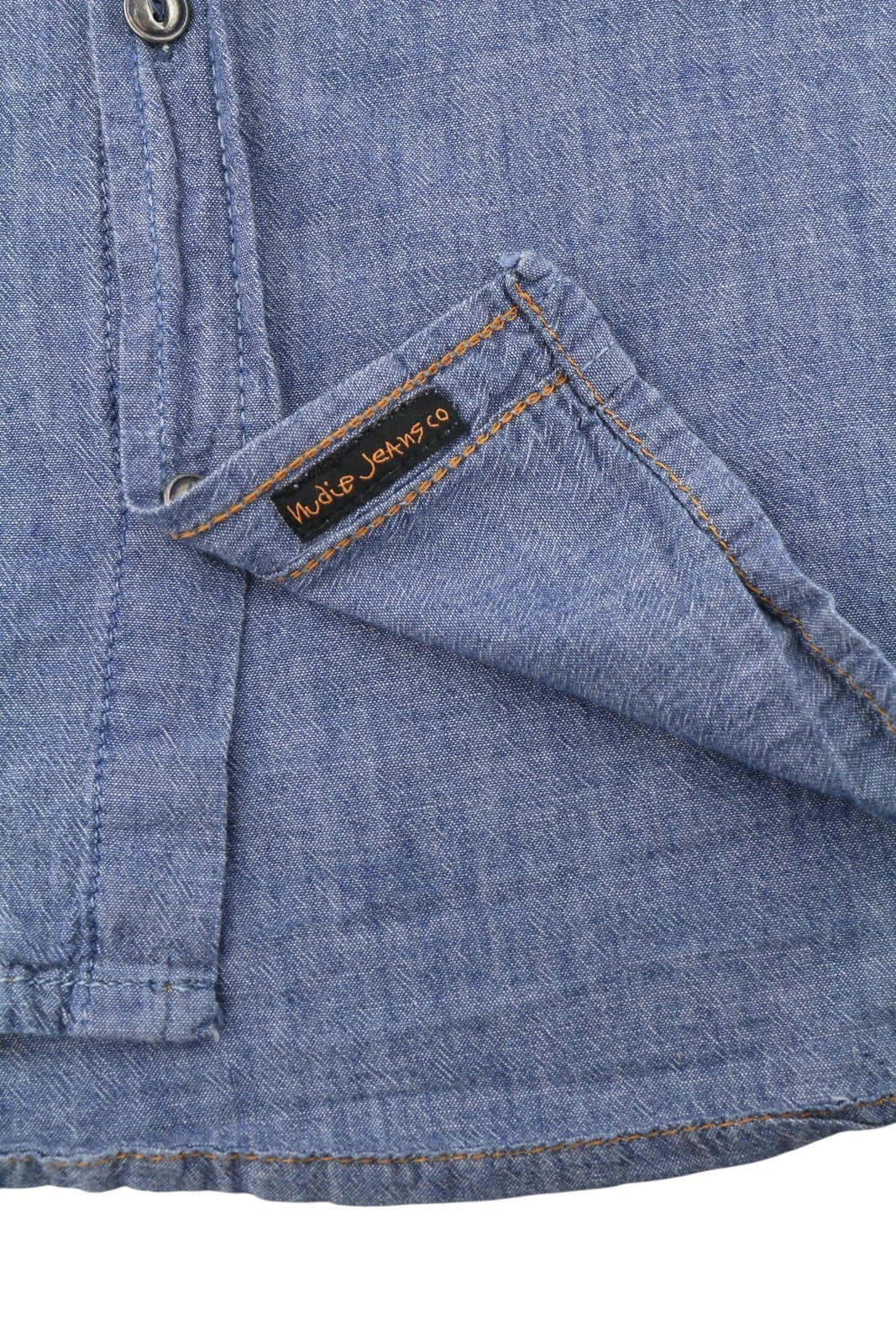 NUDIE JEANS Men Shirt L Blue Denim Look Spread Neck Patch Pockets Button-Up