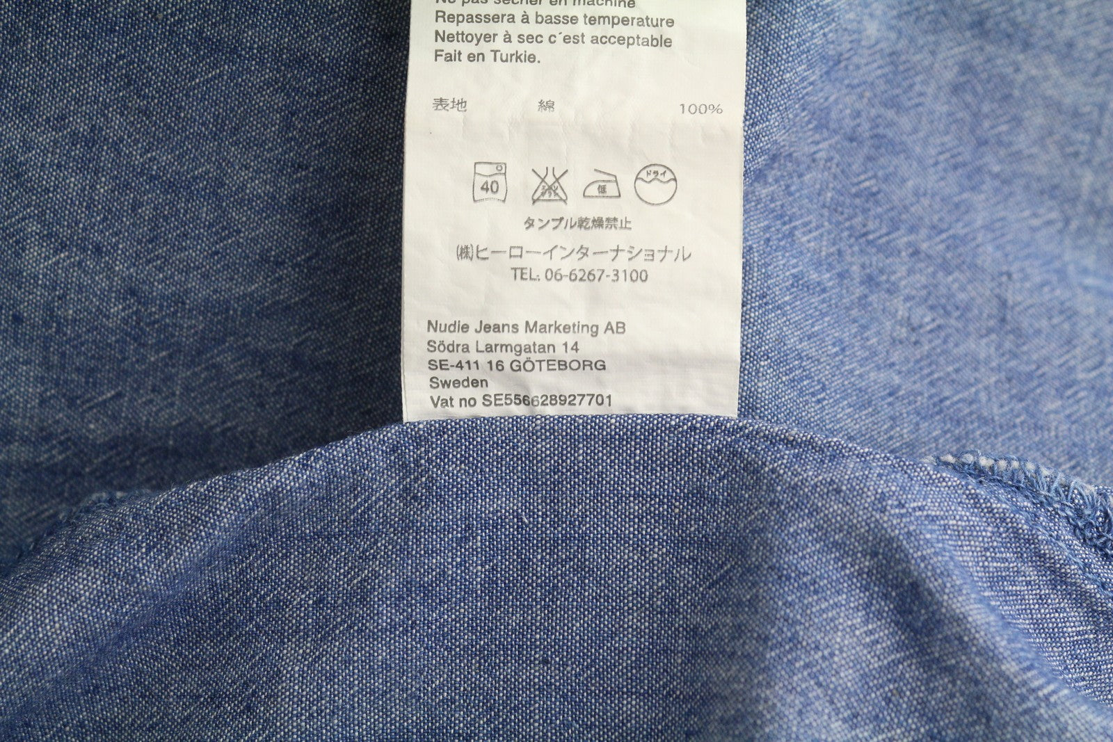 NUDIE JEANS Men Shirt L Blue Denim Look Spread Neck Patch Pockets Button-Up