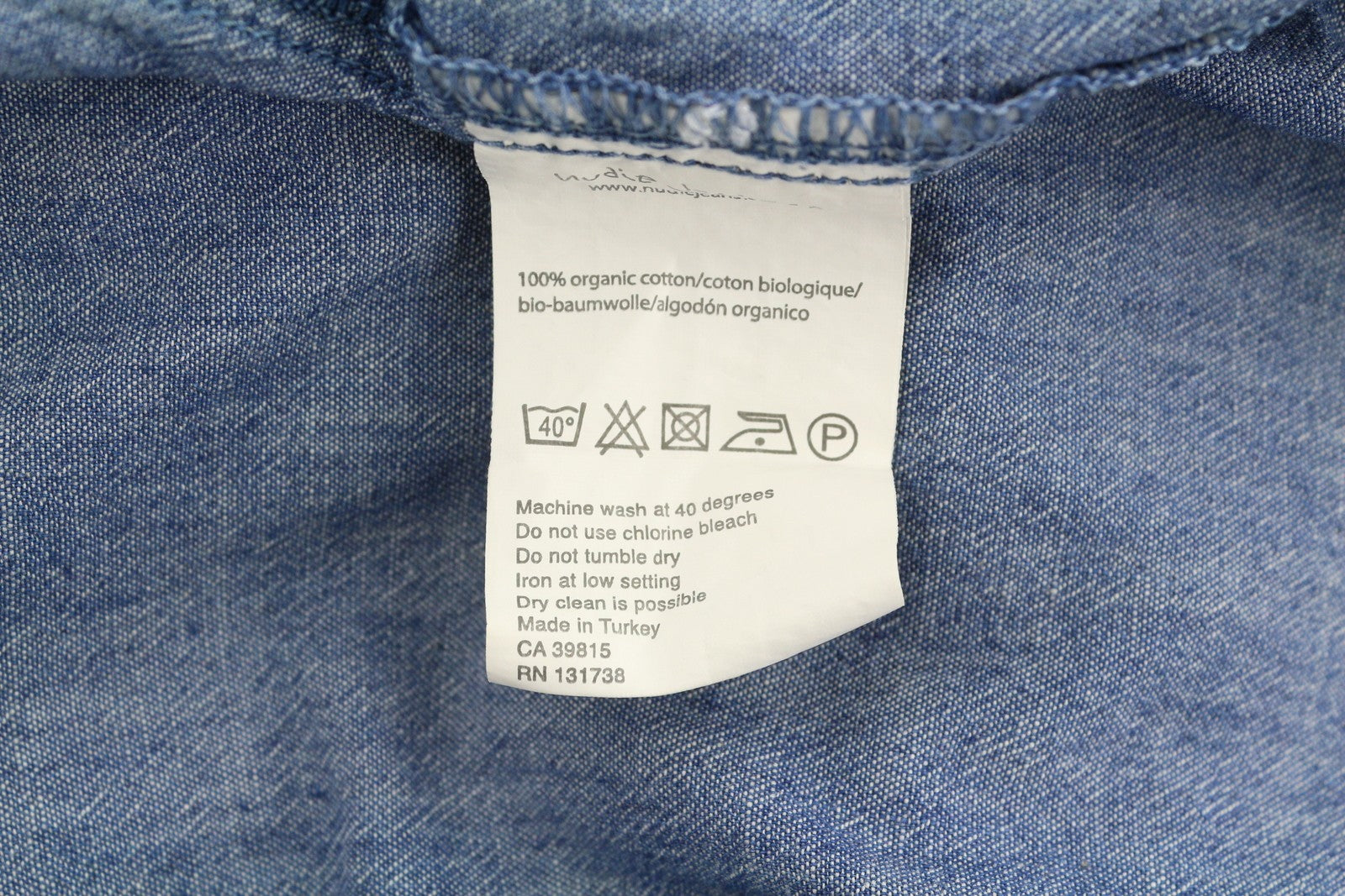 NUDIE JEANS Men Shirt L Blue Denim Look Spread Neck Patch Pockets Button-Up