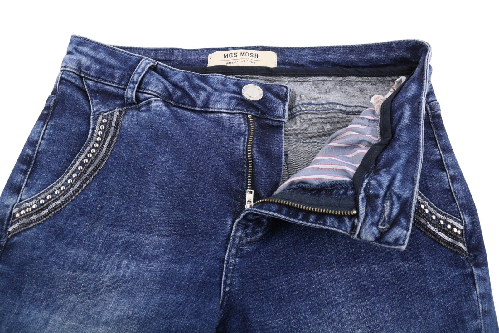 MOS MOSH Etta Shine Long Women Jeans W26 Blue Whiskers Faded Skinny Fit Zip