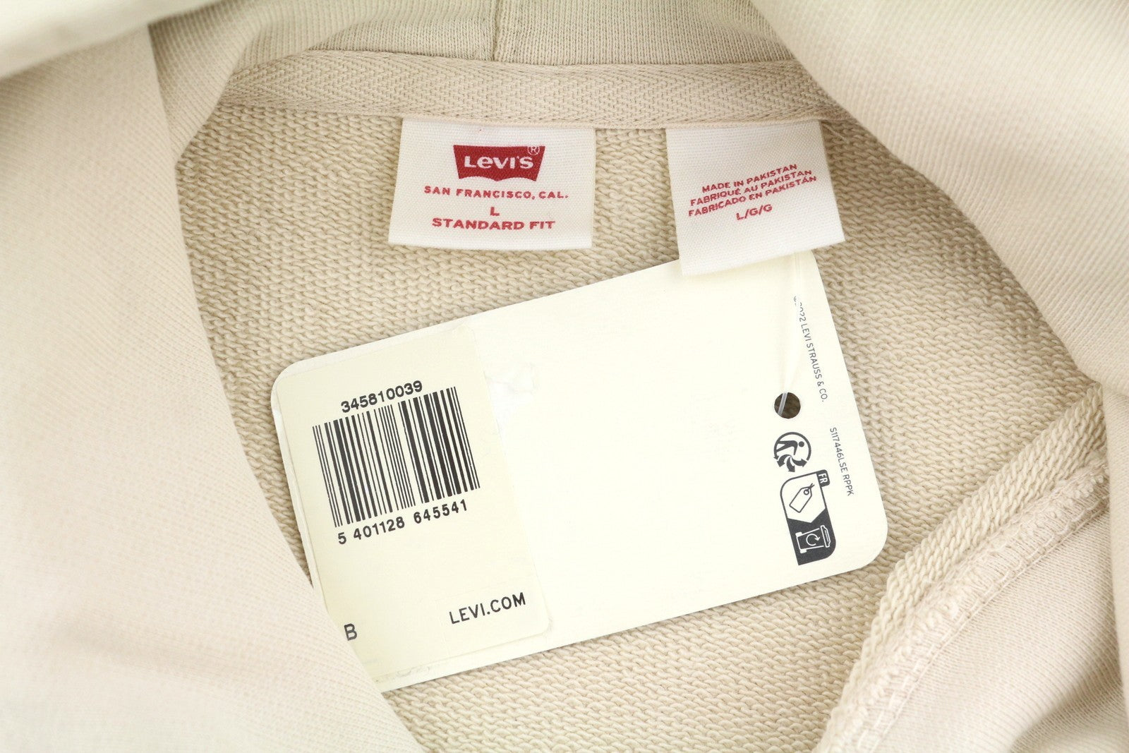 LEVI'S Standard Fit Men Hoodie L Beige Kangaroo Pocket Pull On