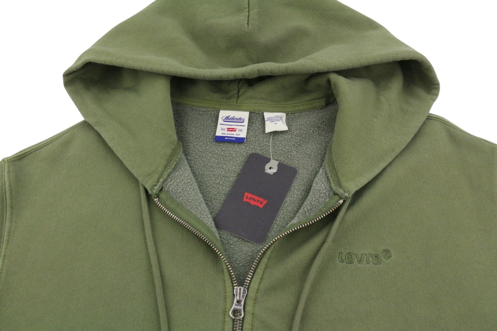 LEVI'S Relaxed Fit Men Hoodie M Khaki Green Embroidered Logo Full Zip