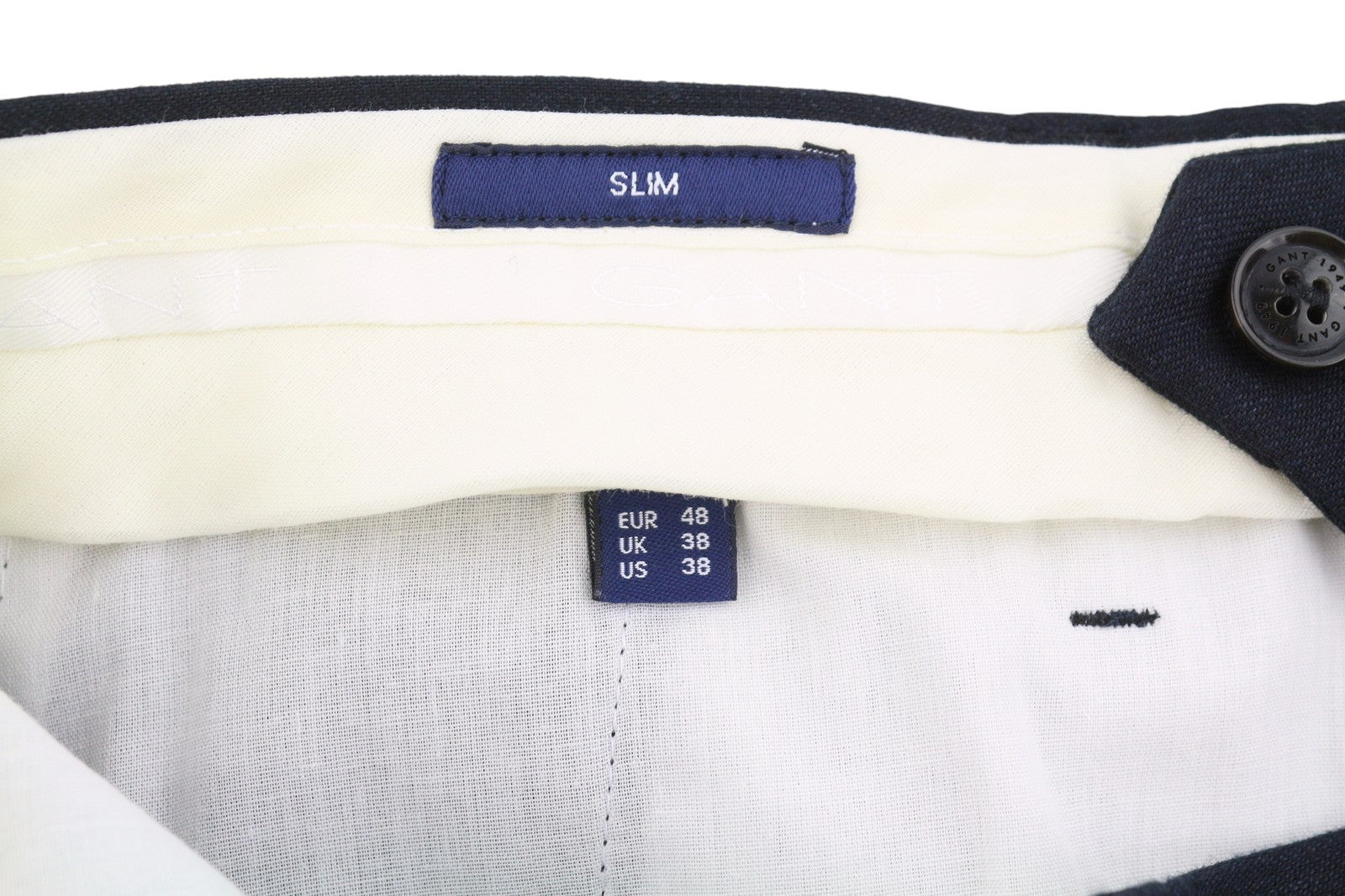 GANT Stretch Linen Men Trousers EU48 Evening Blue Slim Flat Front Dark