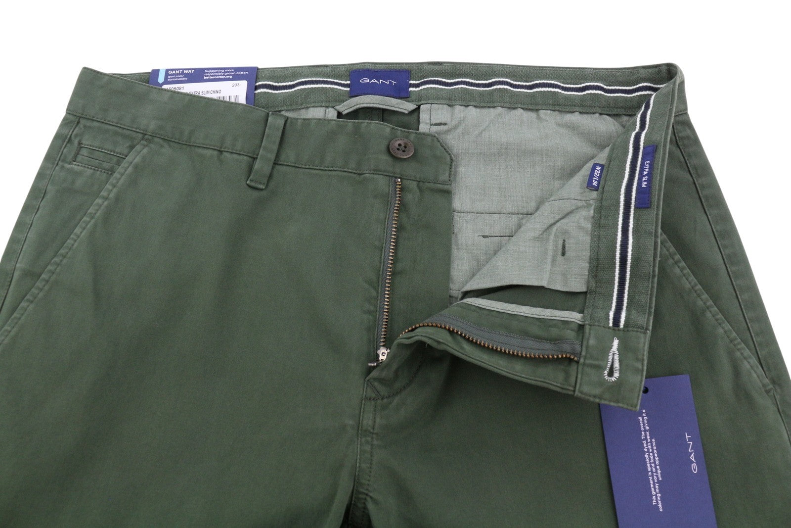 GANT Brushed Extra Slim Chino Men Trousers W32/L34 Thyme Green Casual Zip