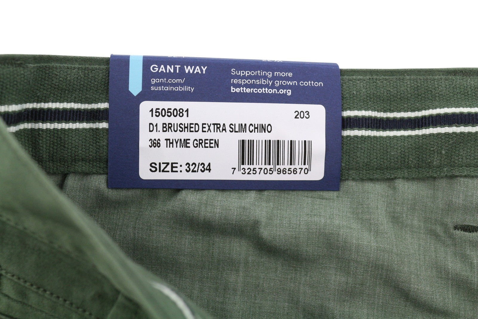 GANT Brushed Extra Slim Chino Men Trousers W32/L34 Thyme Green Casual Zip