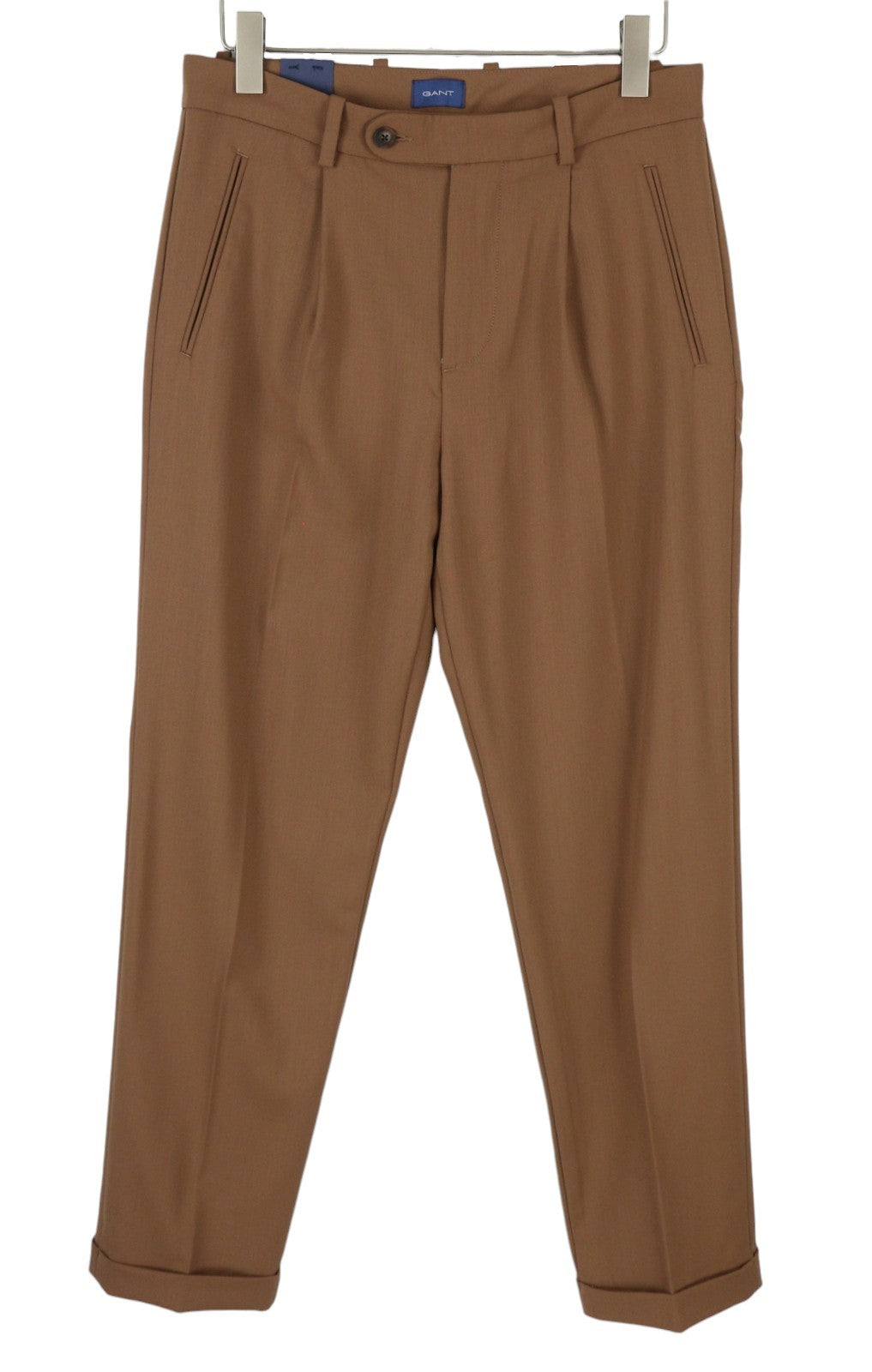GANT Fluid Pleated Men Trousers W31 Walnut Wool Blend Turn-Up Zip