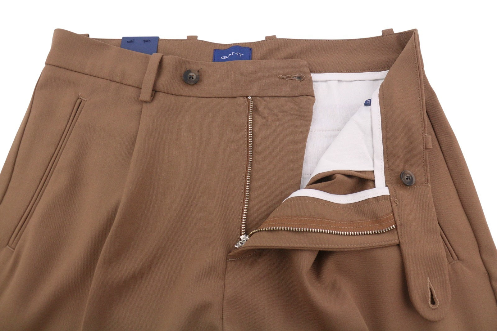 GANT Fluid Pleated Men Trousers W31 Walnut Wool Blend Turn-Up Zip