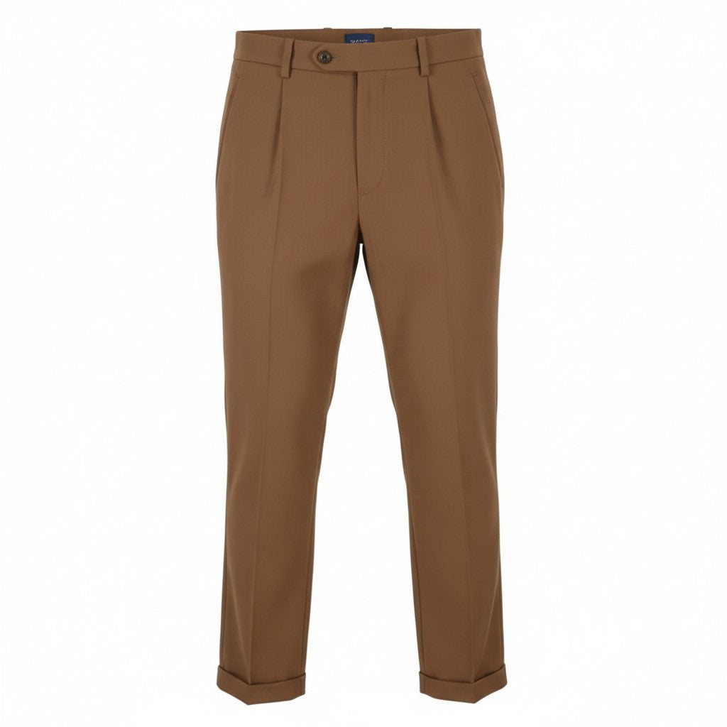GANT Fluid Pleated Men Trousers W32 Walnut Wool Blend Turn-Up Zip