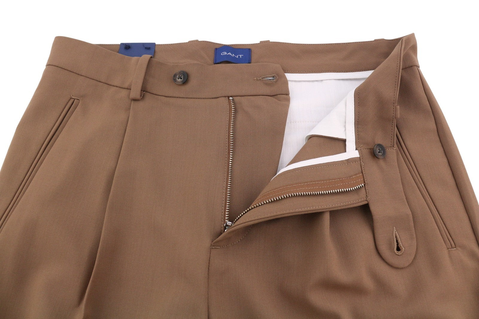 GANT Fluid Pleated Men Trousers W32 Walnut Wool Blend Turn-Up Zip