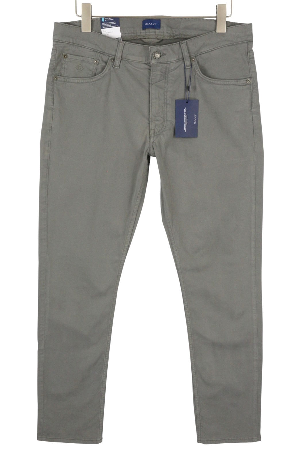 GANT Maxen Satin Men Trousers W35/L32 Grey Extra Slim Casual Zip Fly