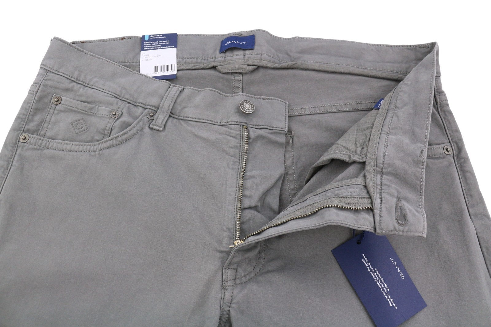 GANT Maxen Satin Men Trousers W35/L32 Grey Extra Slim Casual Zip Fly