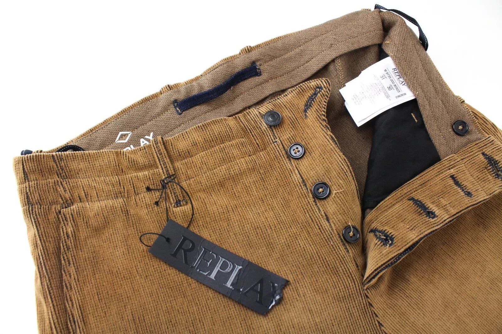 REPLAY Men Trousers W31/L30 Patched Pocket Corduroy Brown Button-Fly Straight