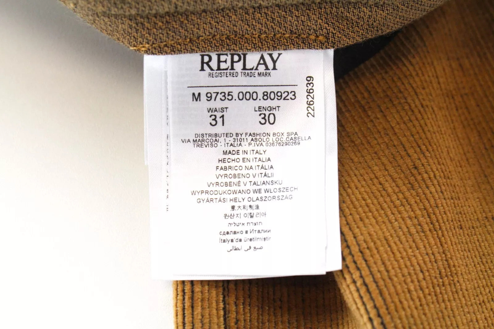 REPLAY Men Trousers W31/L30 Patched Pocket Corduroy Brown Button-Fly Straight