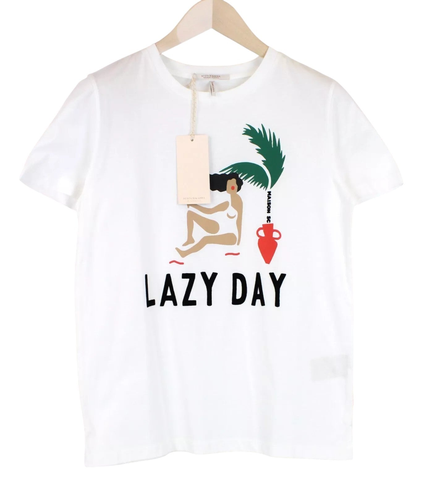 MAISON SCOTCH Women T-Shirt ~S Off-White Pure Cotton Logo Short Sleeve Pull On