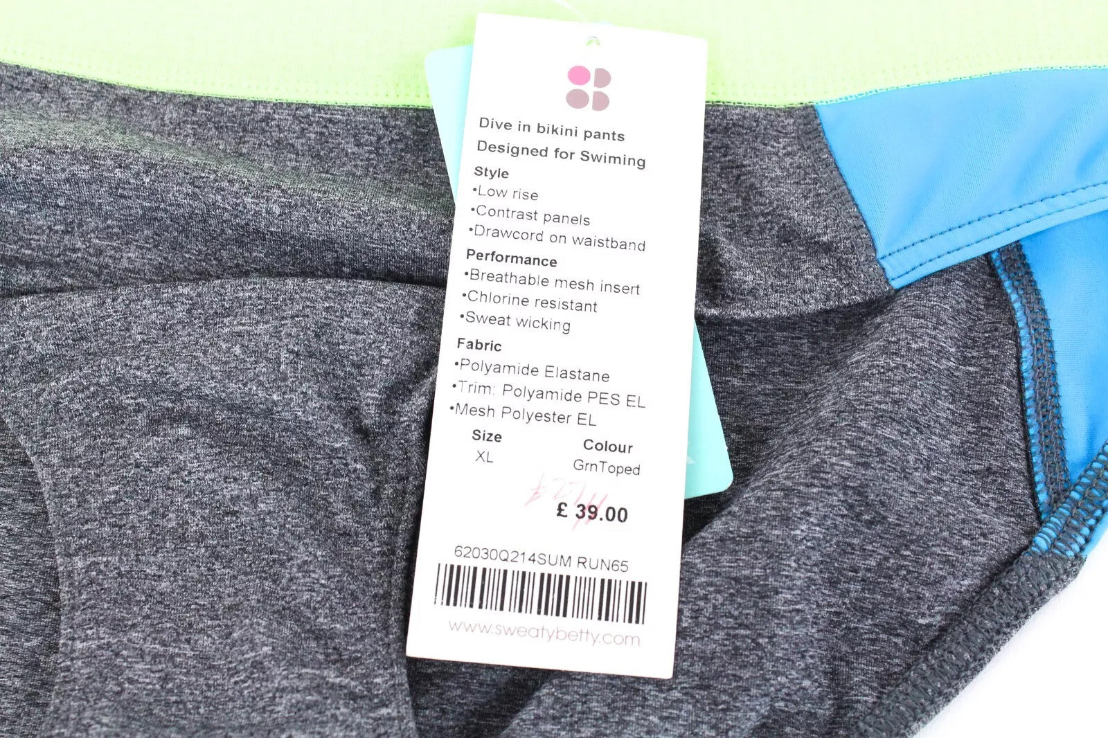 SWEATY BETTY Dive In Women Swimwear XL Grey Stretch Low Rise Bikini Bottom
