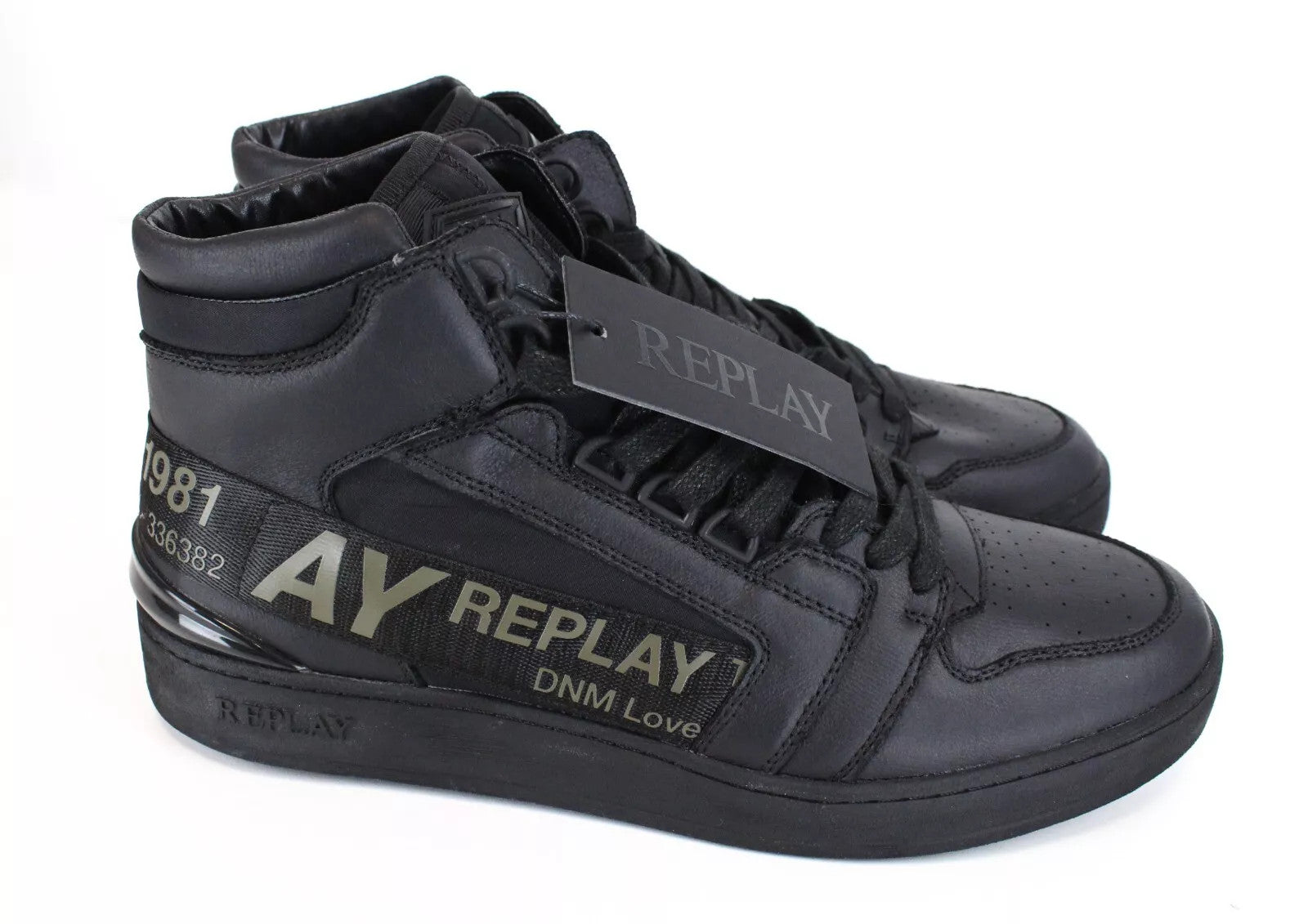REPLAY Alliot Men Trainers EU46 Black High-Top Laced Logo Casual Sneakers