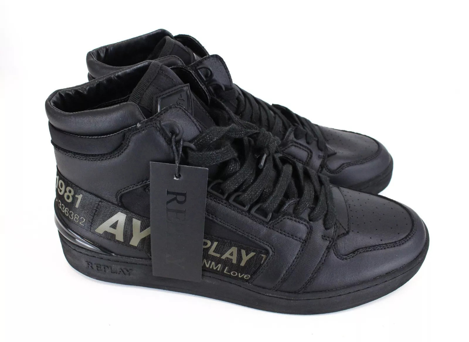 REPLAY Alliot Men Trainers EU46 Black High-Top Laced Logo Casual Sneakers