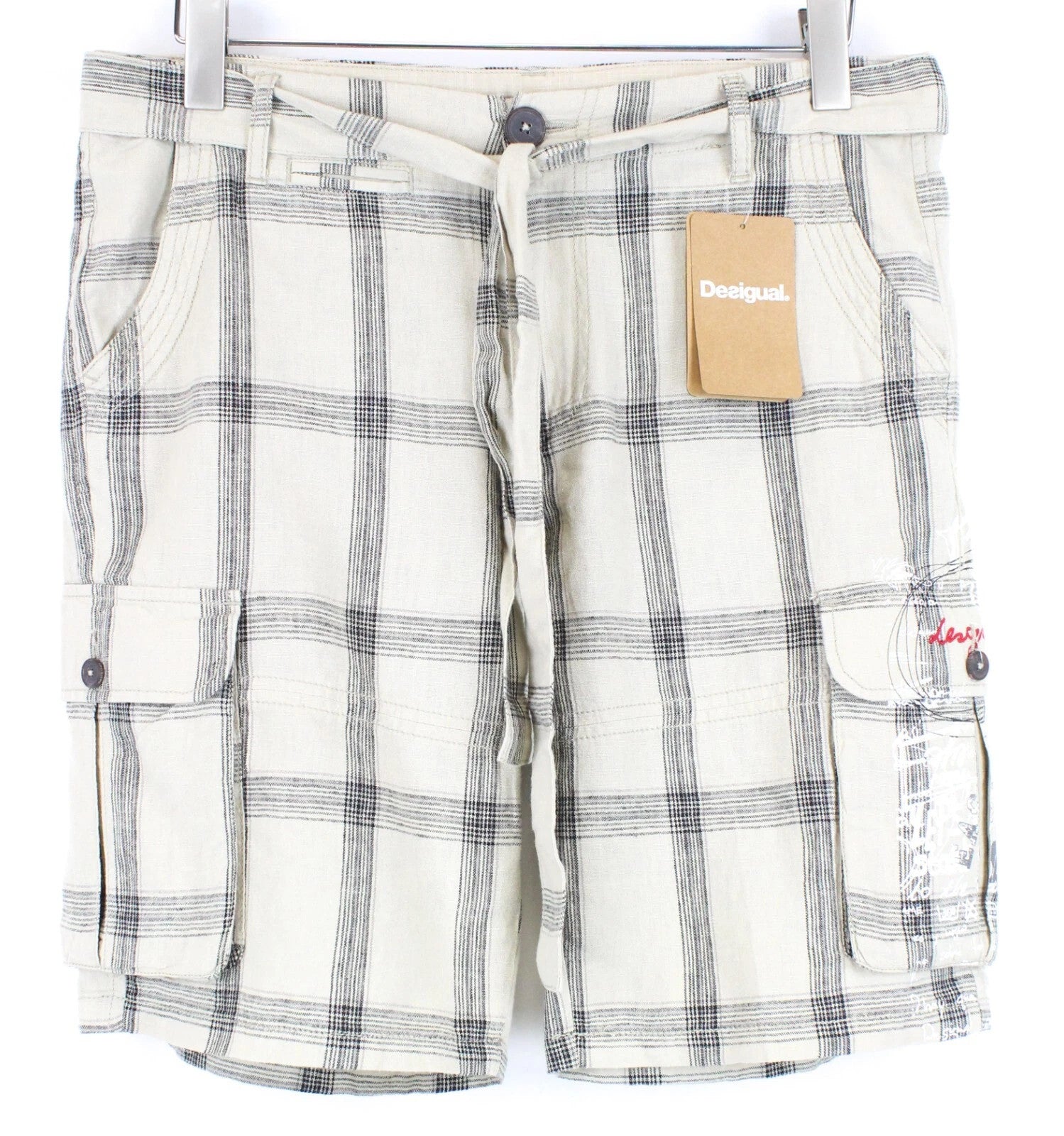 DESIGUAL Marc Men Shorts W33 Sand Brown Linen Cotton Checked Pattern Cargo