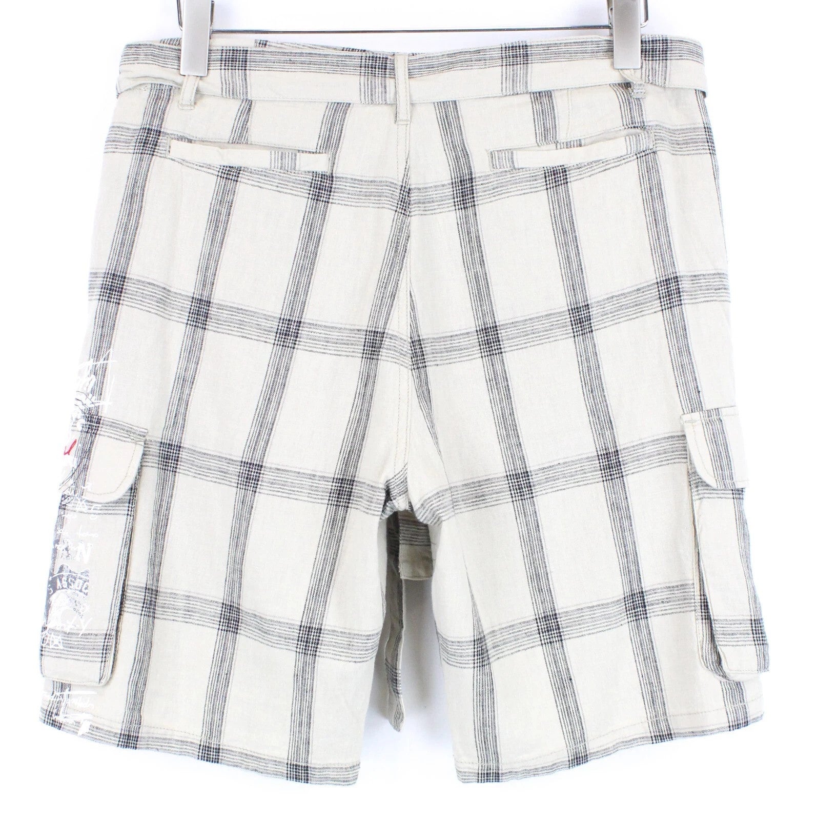 DESIGUAL Marc Men Shorts W33 Sand Brown Linen Cotton Checked Pattern Cargo