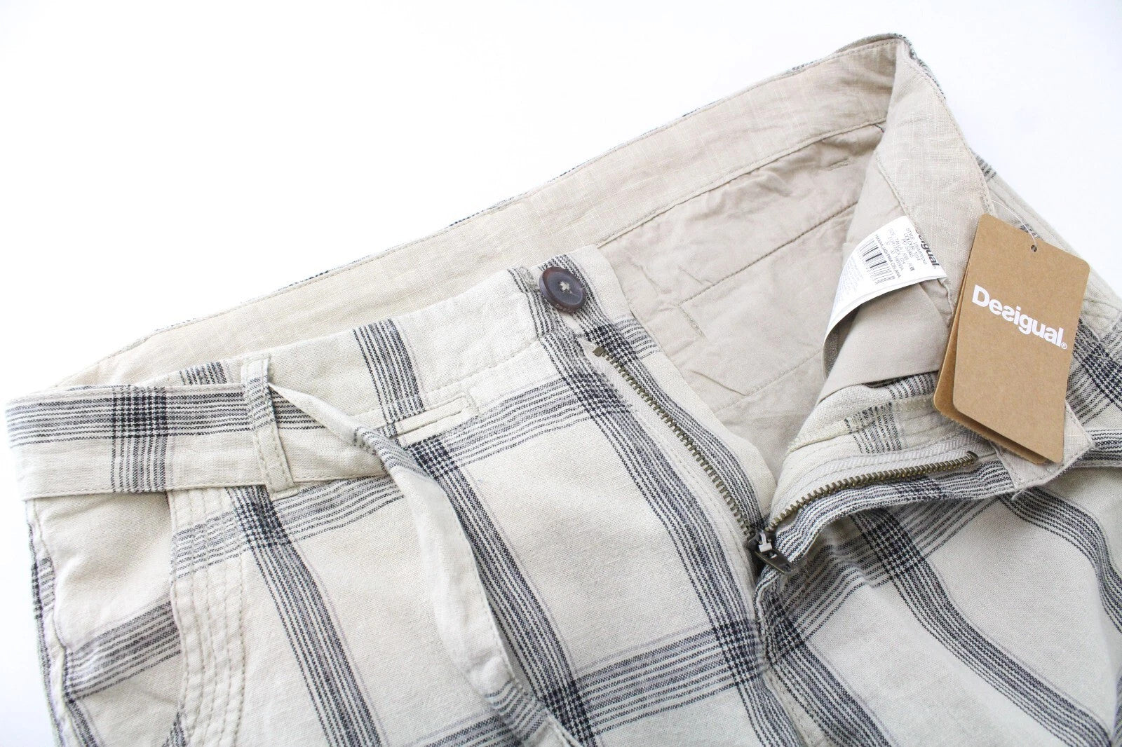 DESIGUAL Marc Men Shorts W33 Sand Brown Linen Cotton Checked Pattern Cargo