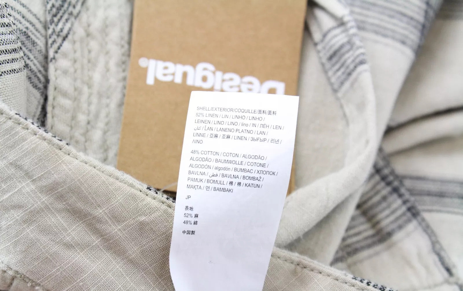 DESIGUAL Marc Men Shorts W33 Sand Brown Linen Cotton Checked Pattern Cargo