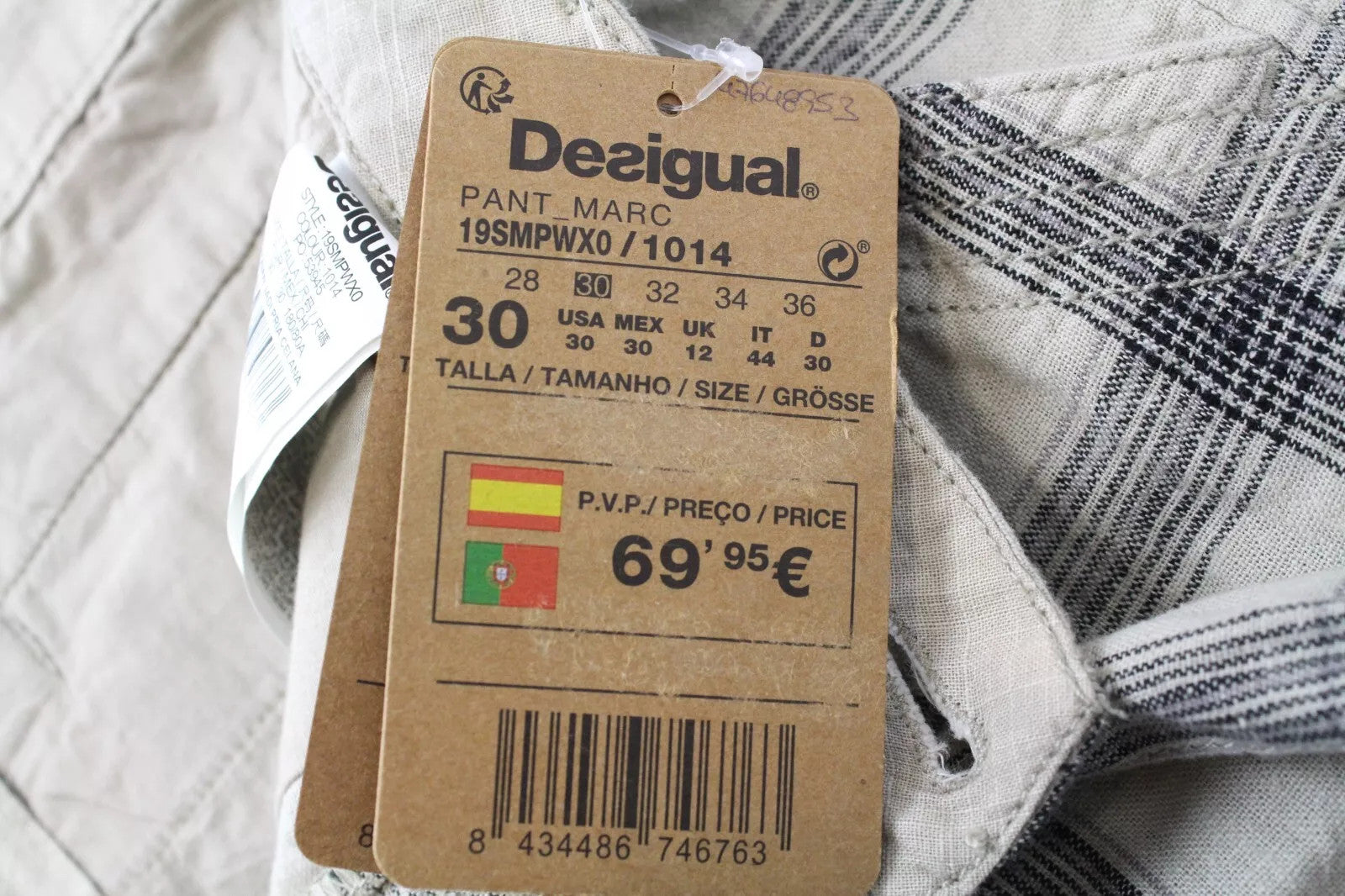 DESIGUAL Marc Men Shorts W33 Sand Brown Linen Cotton Checked Pattern Cargo