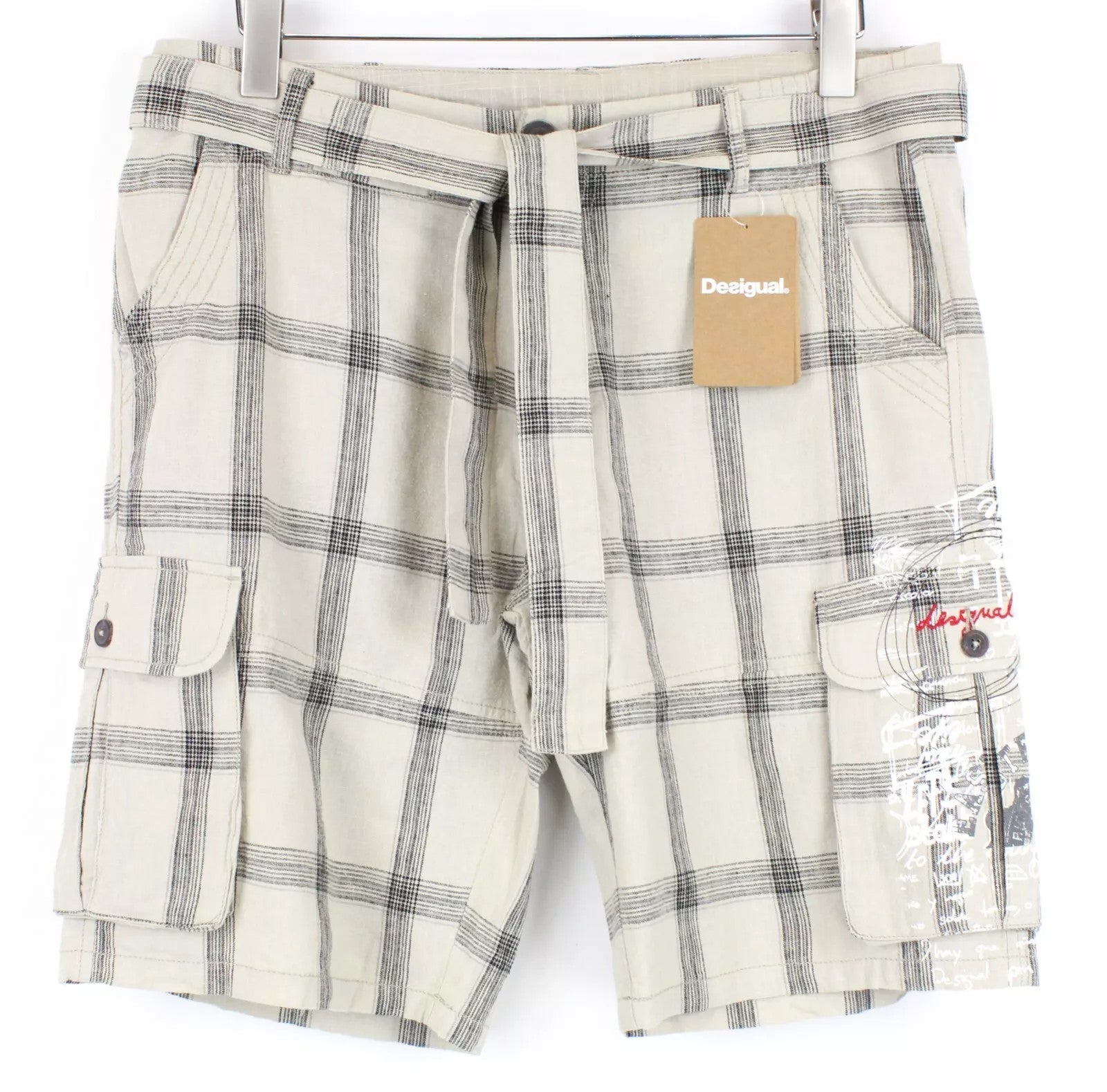 DESIGUAL Marc Men Shorts W34 Light Brown Linen Cotton Check Patterned Cargo