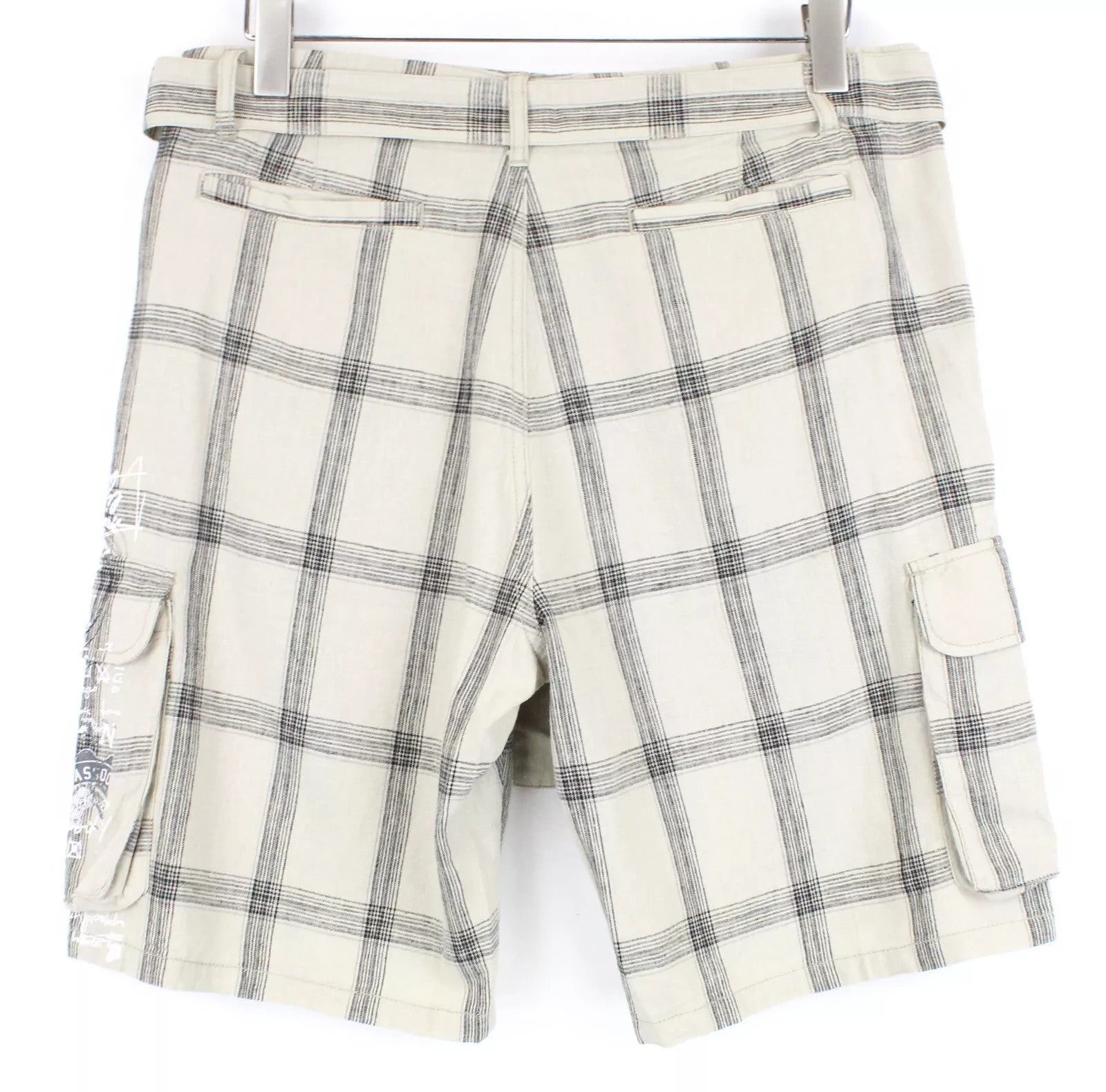 DESIGUAL Marc Men Shorts W34 Light Brown Linen Cotton Check Patterned Cargo